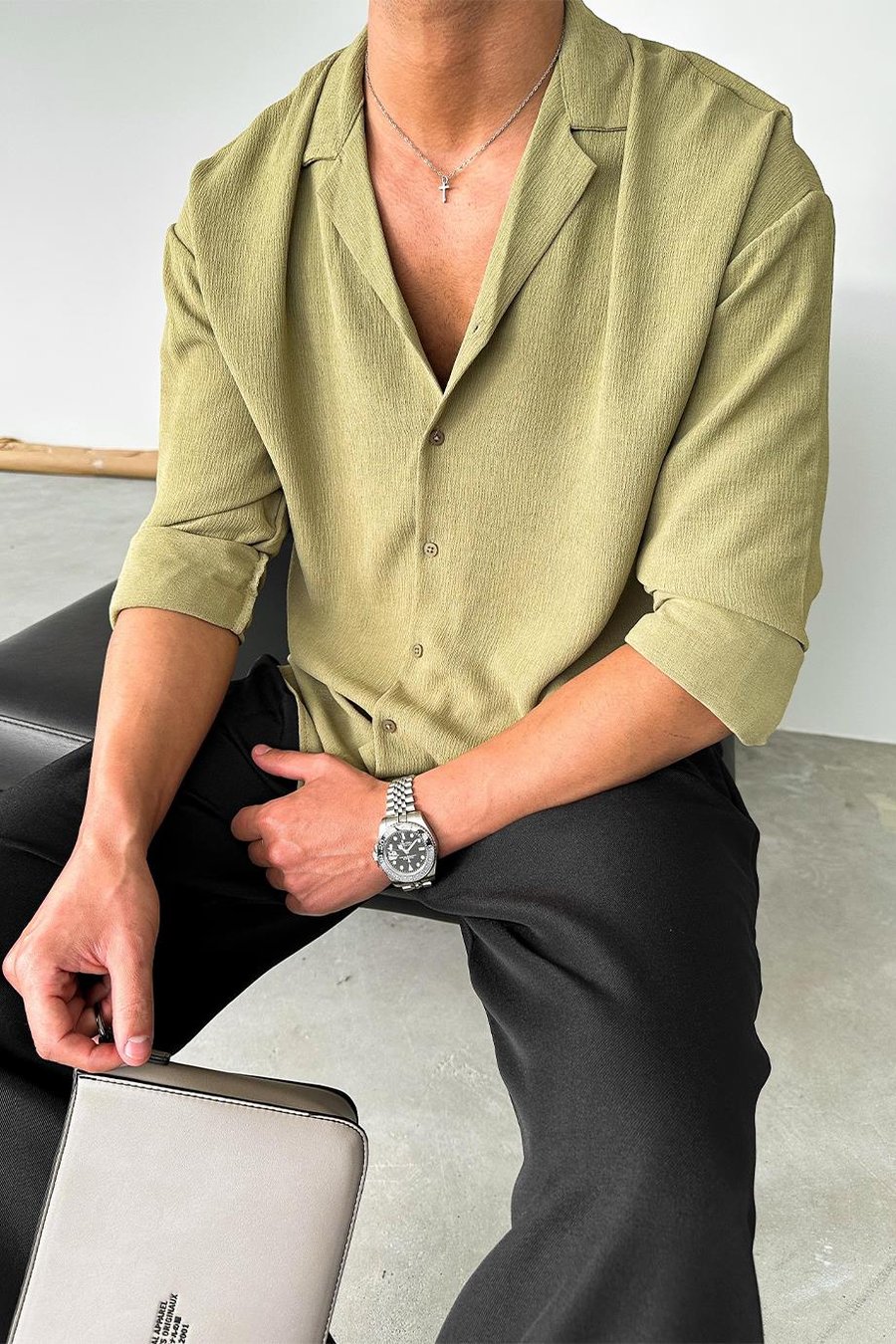 Haki Dokulu Fitilli Basic Oversize Gömlek