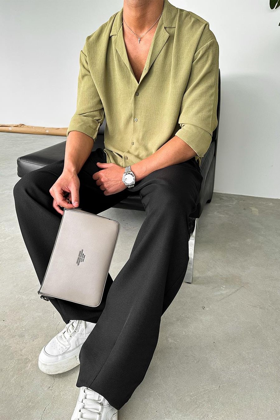Haki Dokulu Fitilli Basic Oversize Gömlek