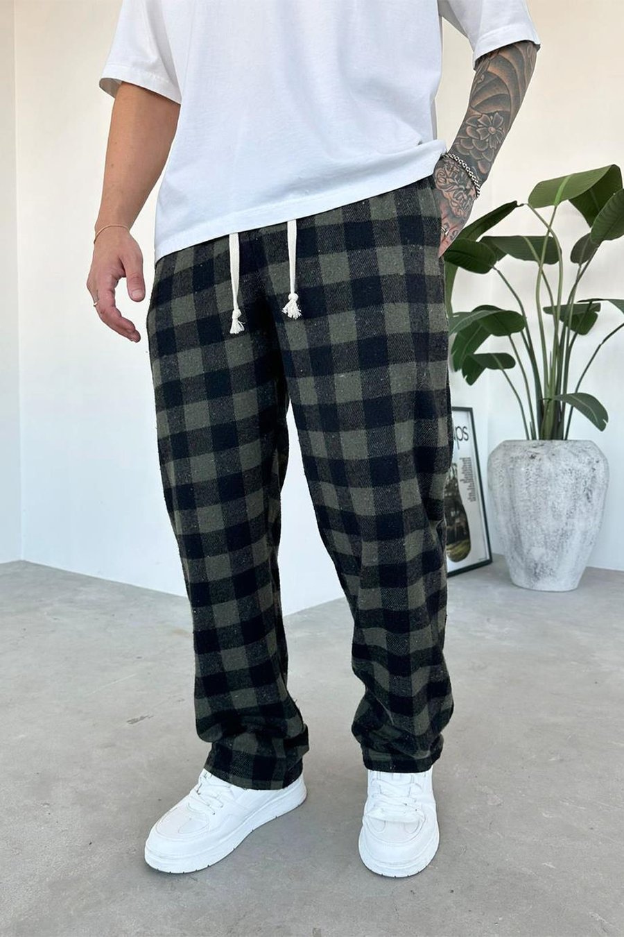 Haki Kareli Unisex Relaxed Pijama