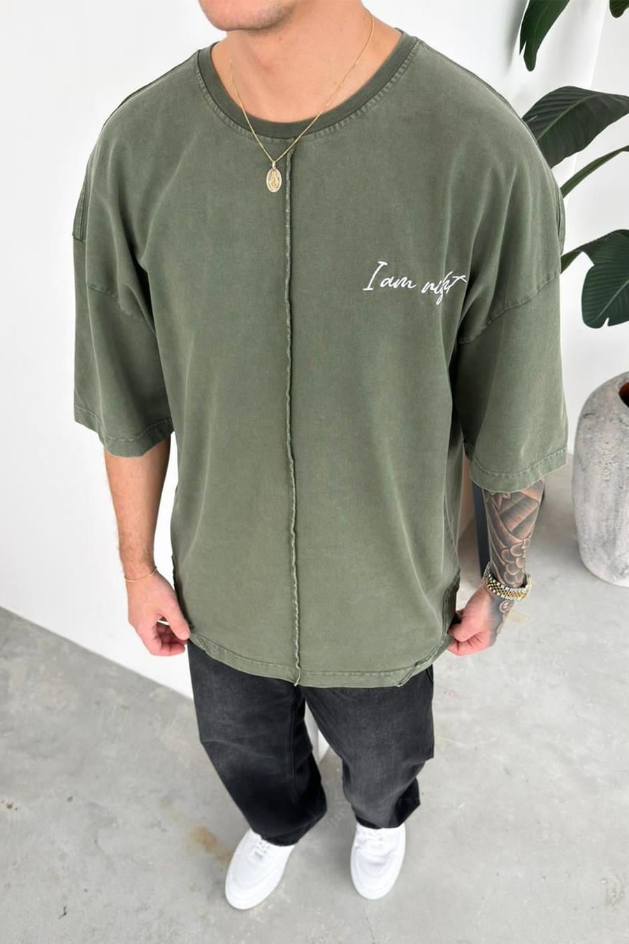 Haki Nakış Detaylı Premium Oversize Tişört