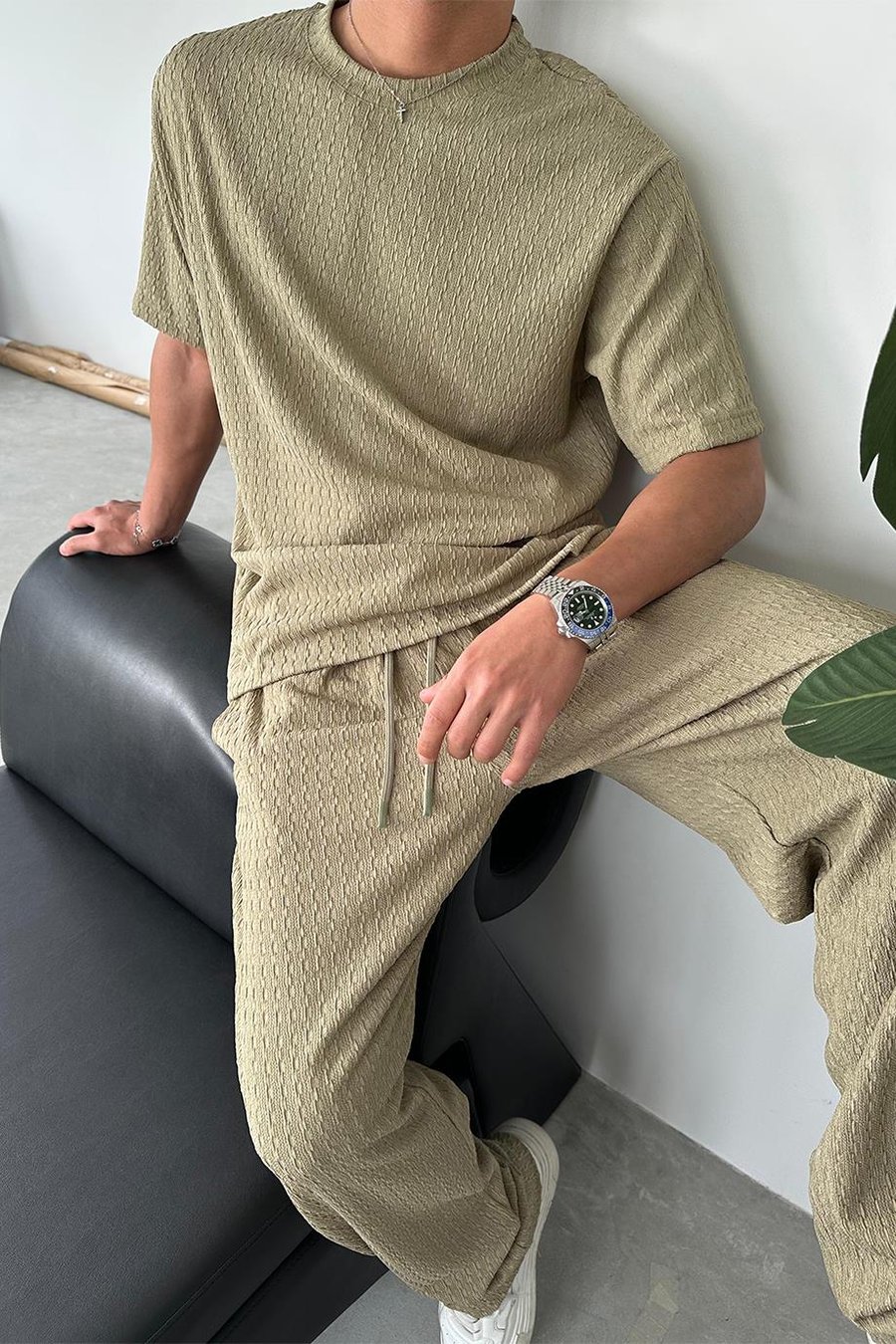 Haki Örme Desenli Relaxed Tişört