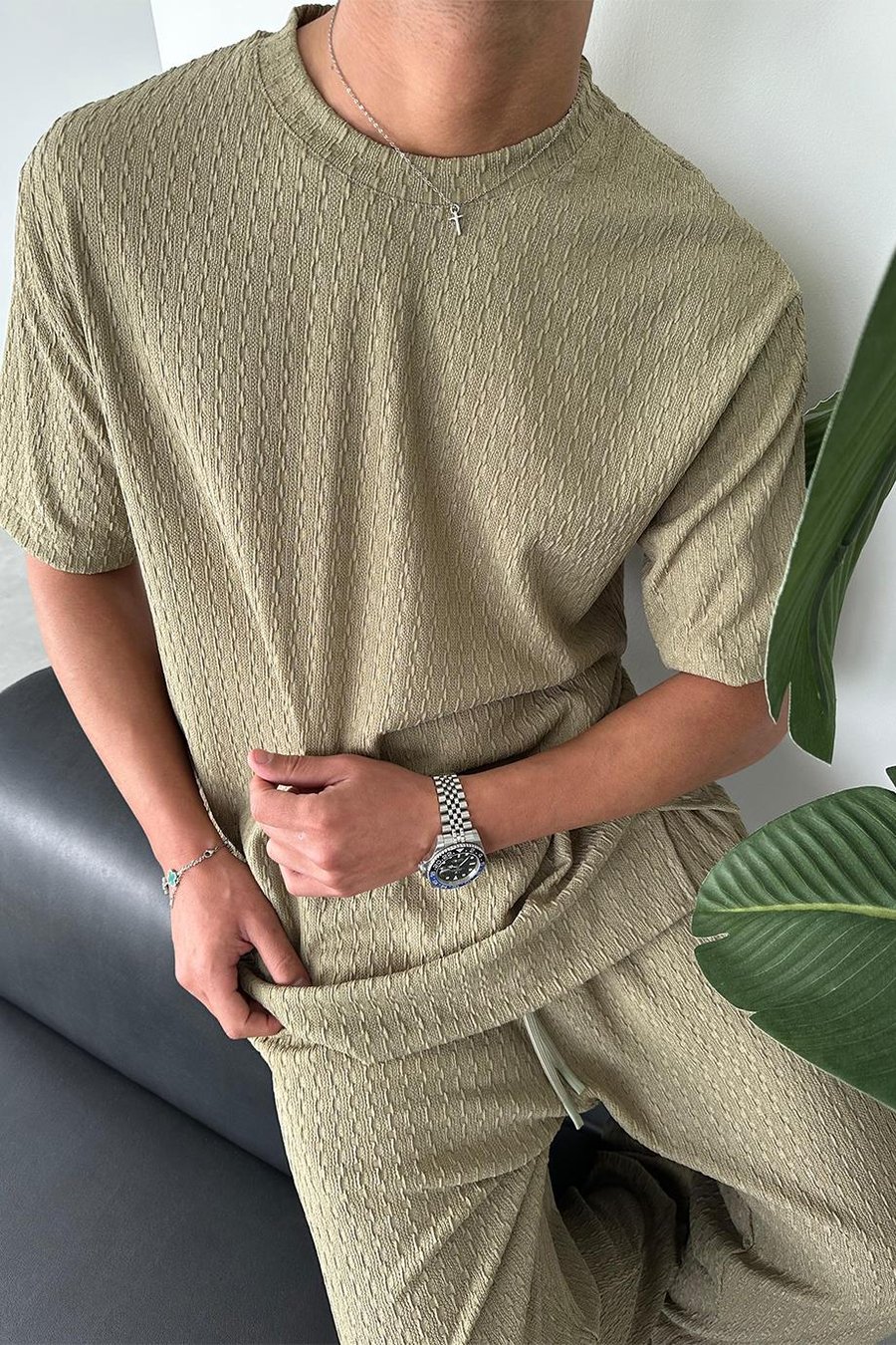 Haki Örme Desenli Relaxed Tişört