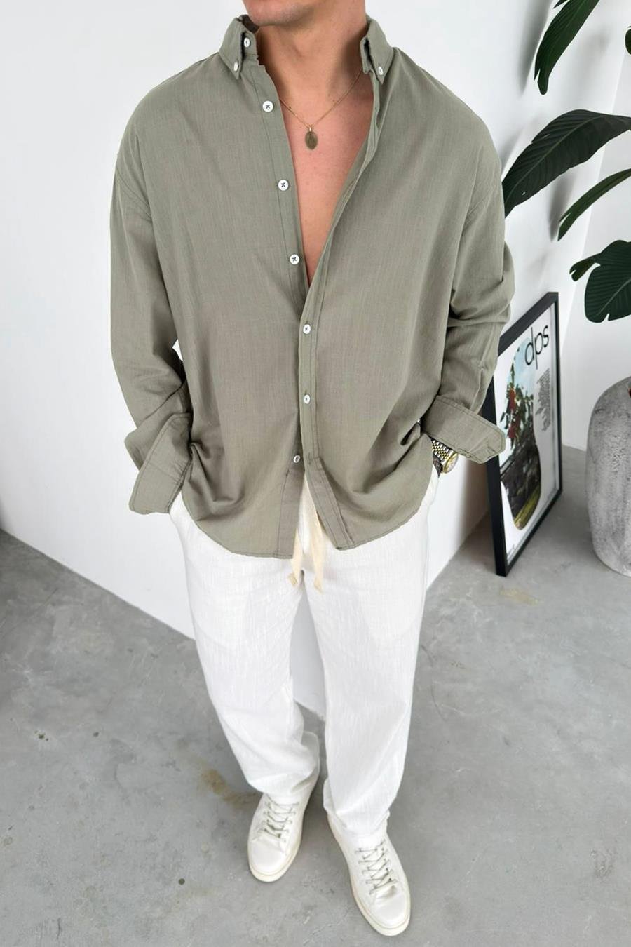 Haki Oversize Fresh Keten Gömlek