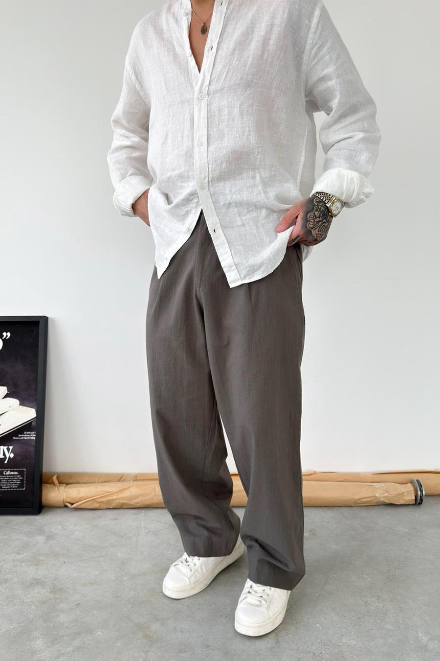 Haki Premium Baggy Keten Pantolon