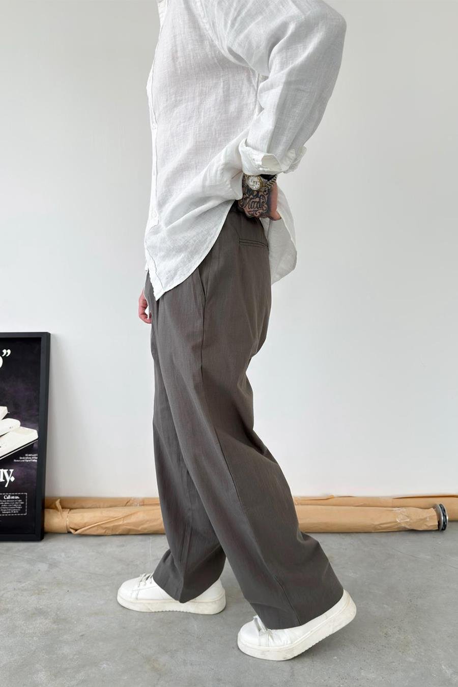 Haki Premium Baggy Keten Pantolon