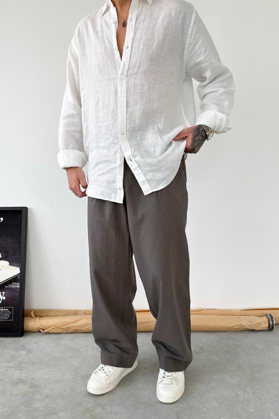 Haki Premium Baggy Keten Pantolon