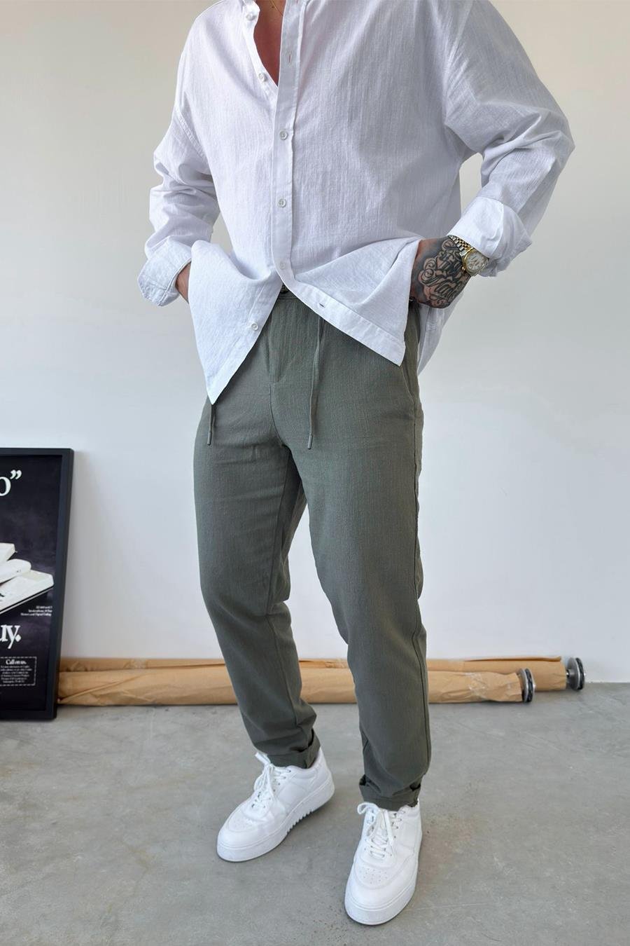 Haki Premium Regular Keten Pantolon