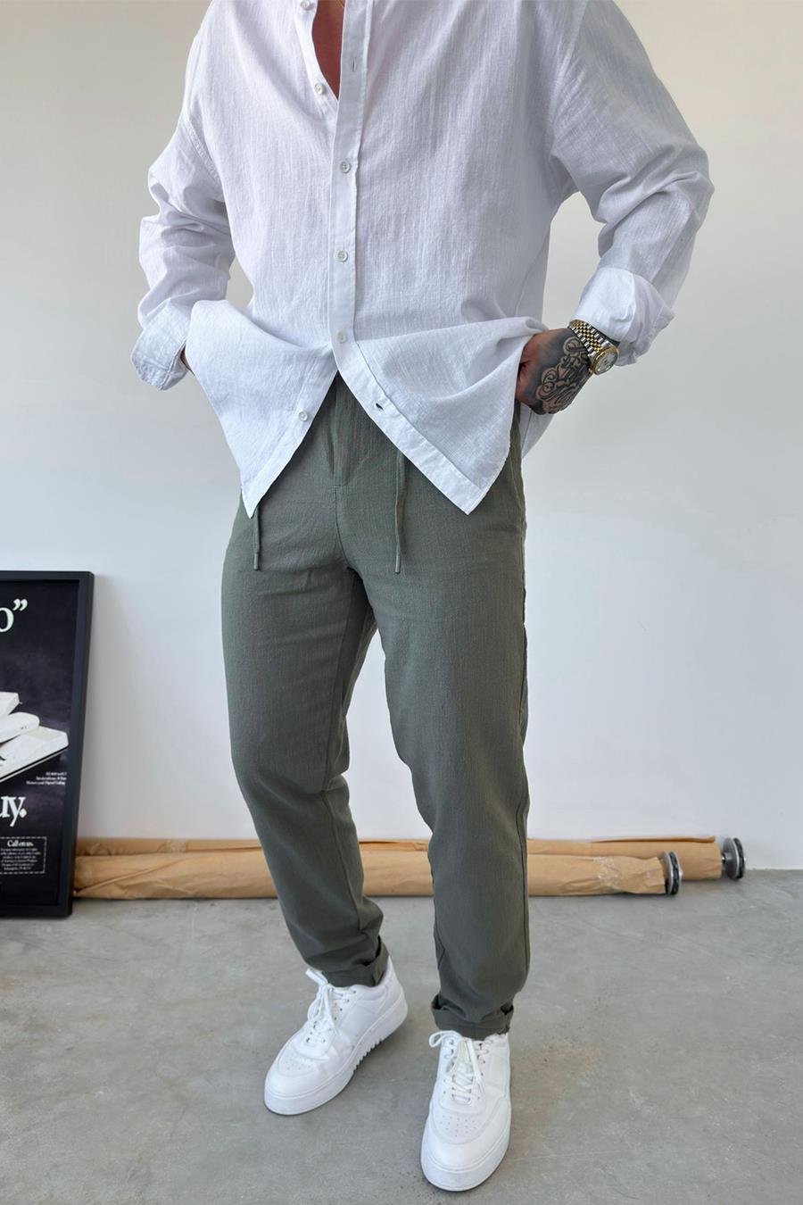 Haki Premium Regular Keten Pantolon
