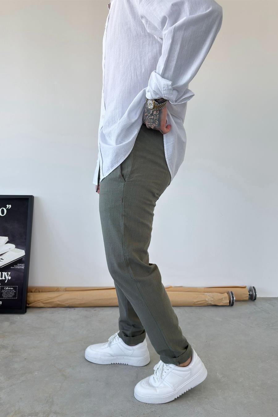 Haki Premium Regular Keten Pantolon