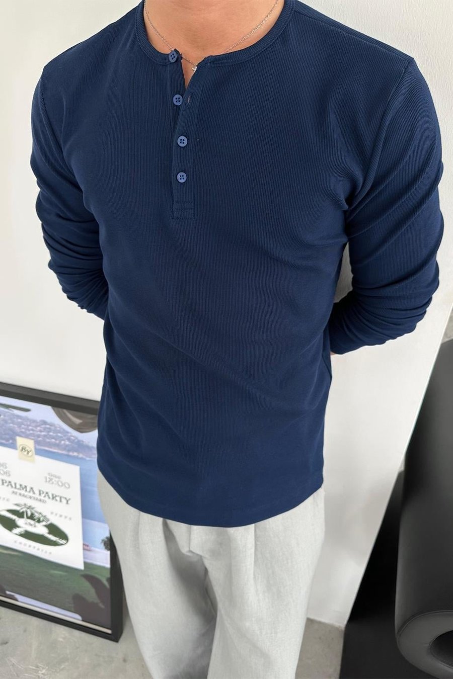 İndigo Basic Fitilli Düğmeli Yaka Relax Fit Uzun Kollu Tişört