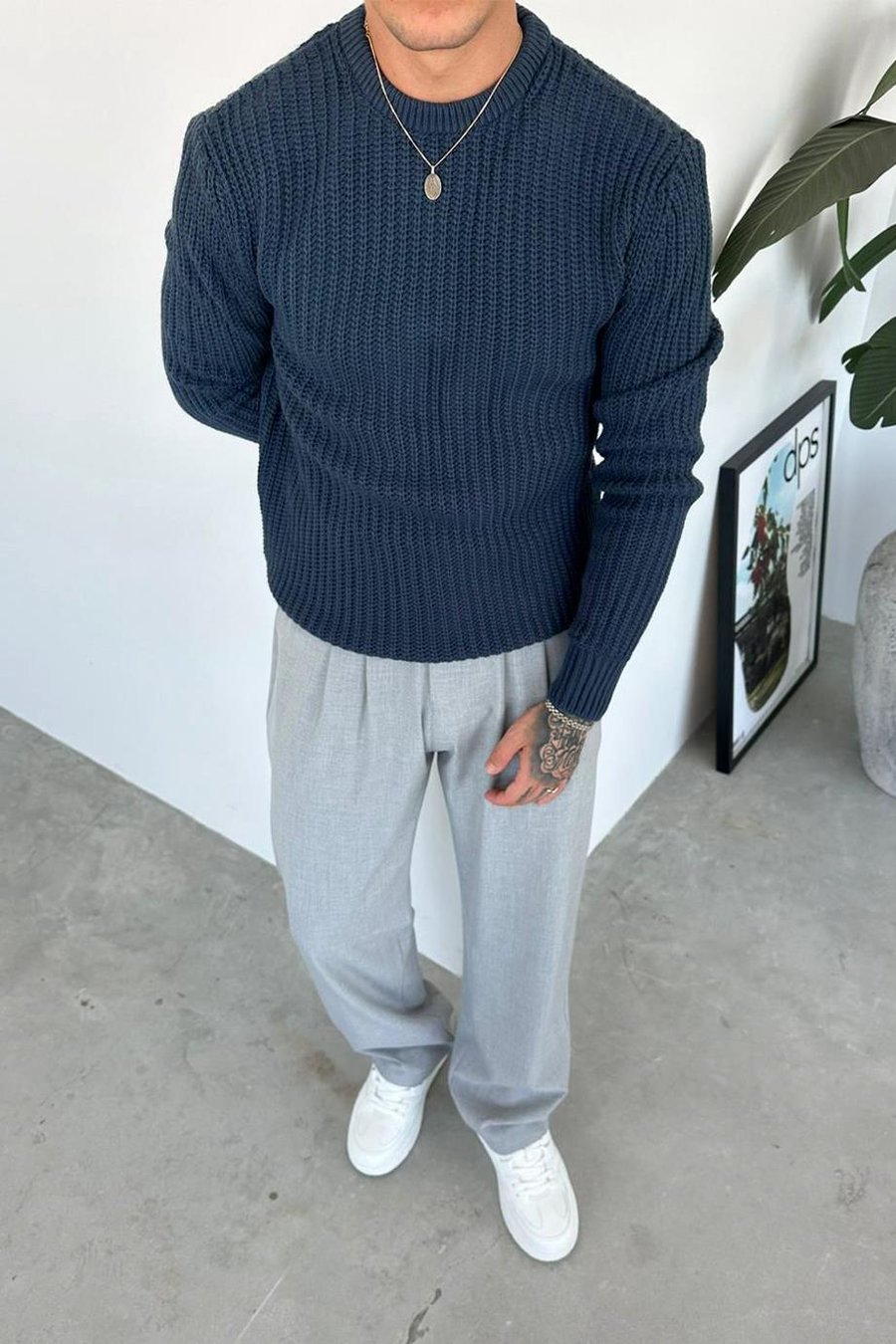 İndigo Bisiklet Yaka Oversize Örgü Kazak