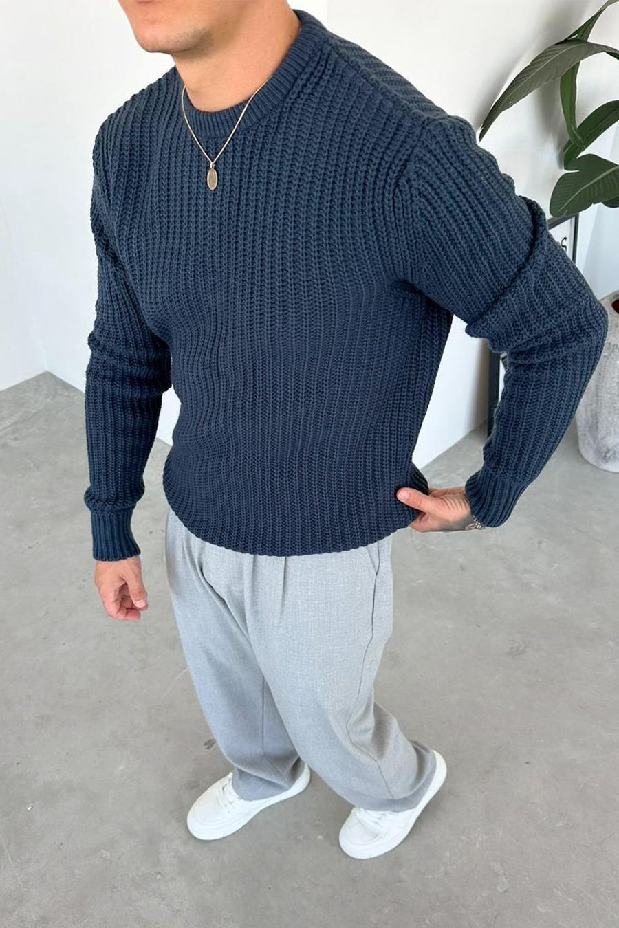İndigo Bisiklet Yaka Oversize Örgü Kazak
