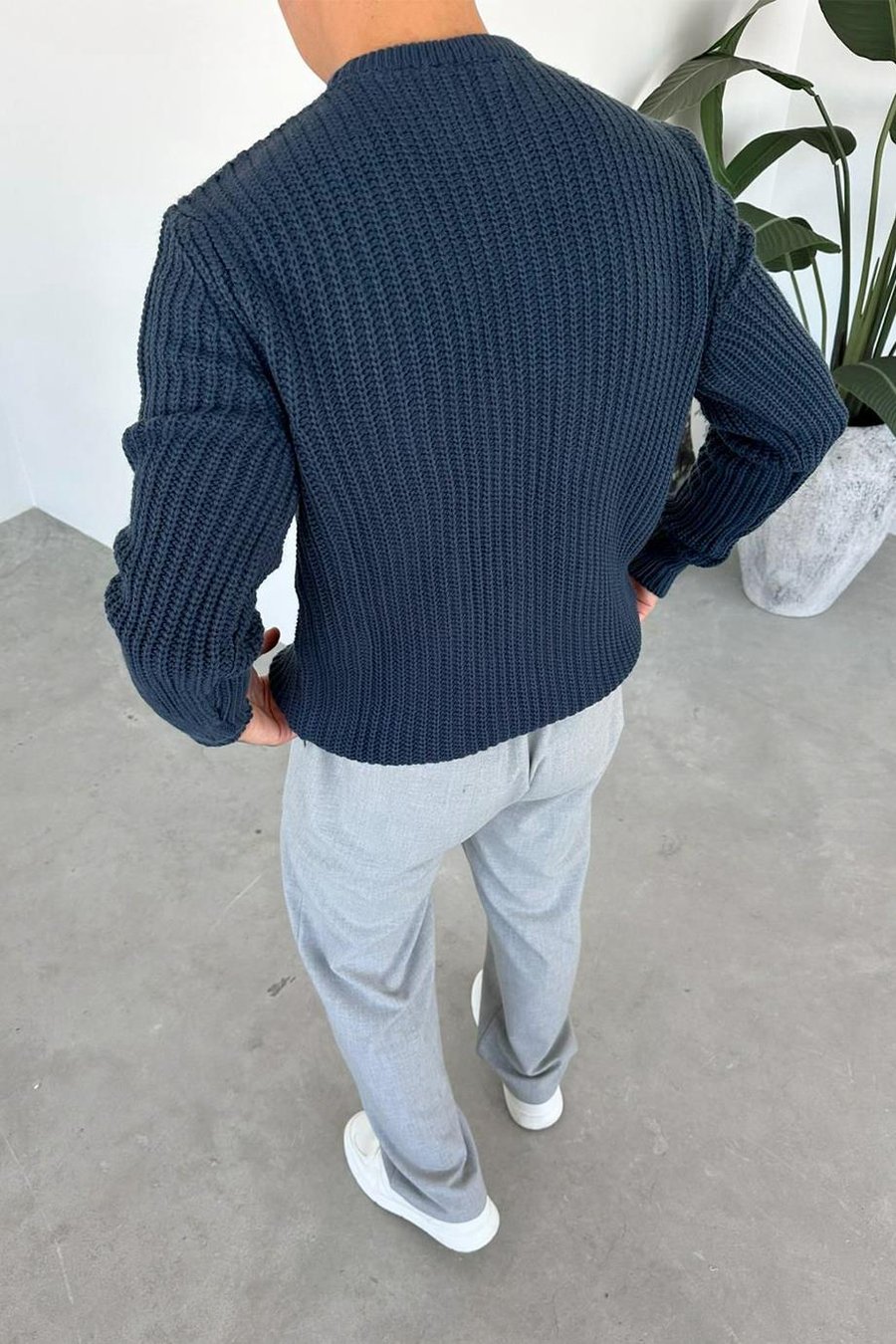 İndigo Bisiklet Yaka Oversize Örgü Kazak
