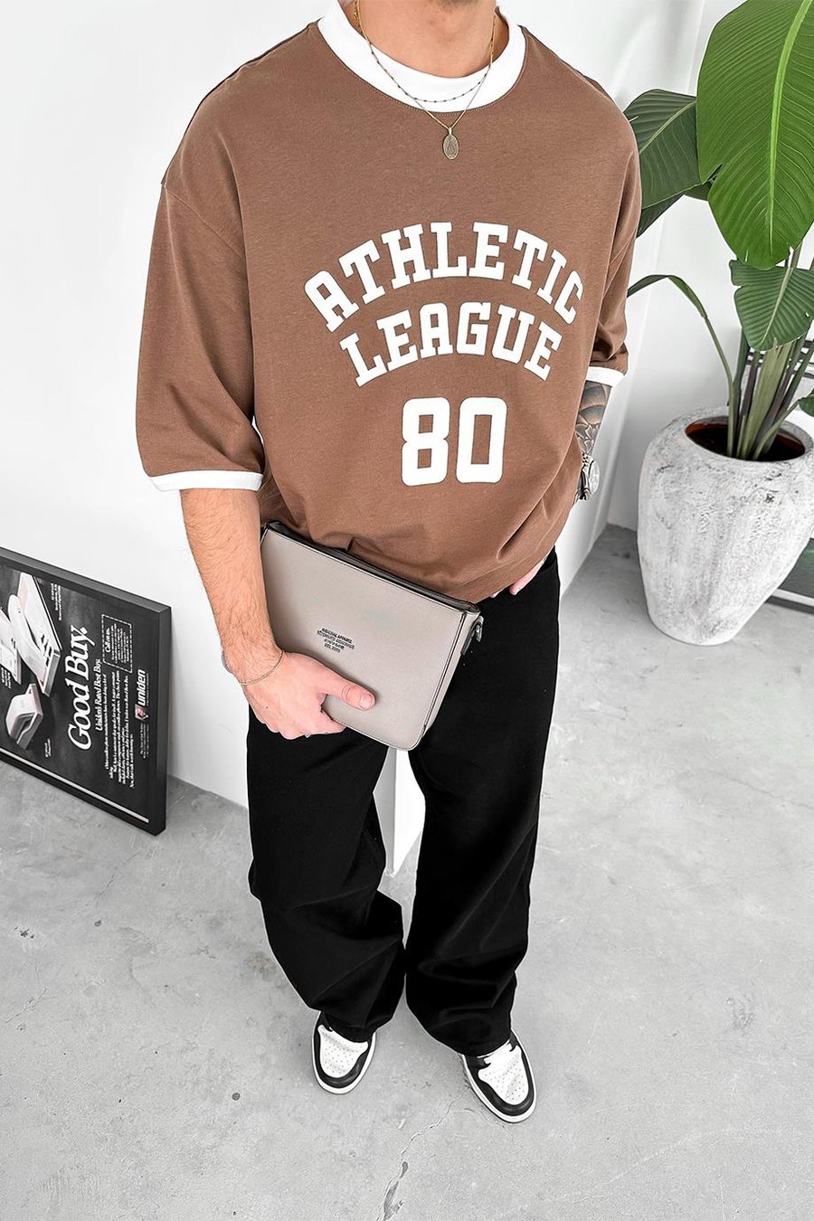 Kahverengi Atletic 80 Baskılı Oversize Tişört