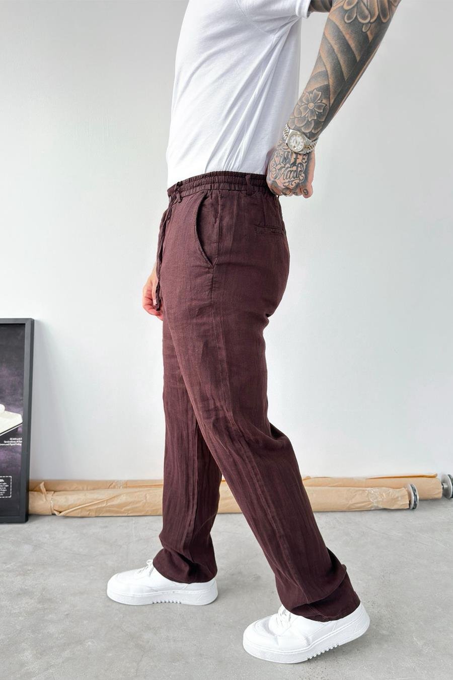 Kahverengi Basic Baggy Keten Pantolon