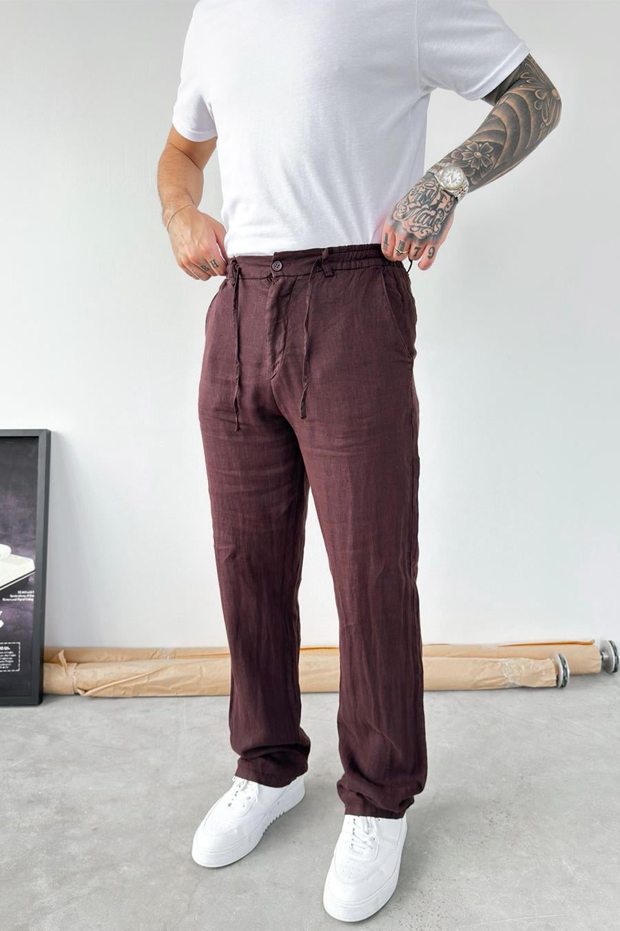 Kahverengi Basic Baggy Keten Pantolon