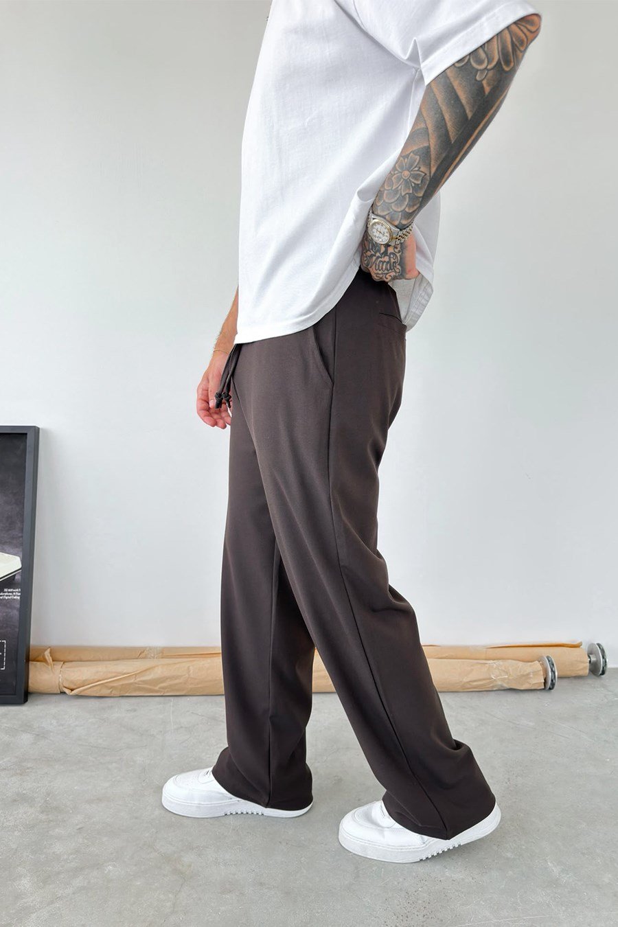Kahverengi Basic Beli Lastikli Baggy Kumaş Pantolon