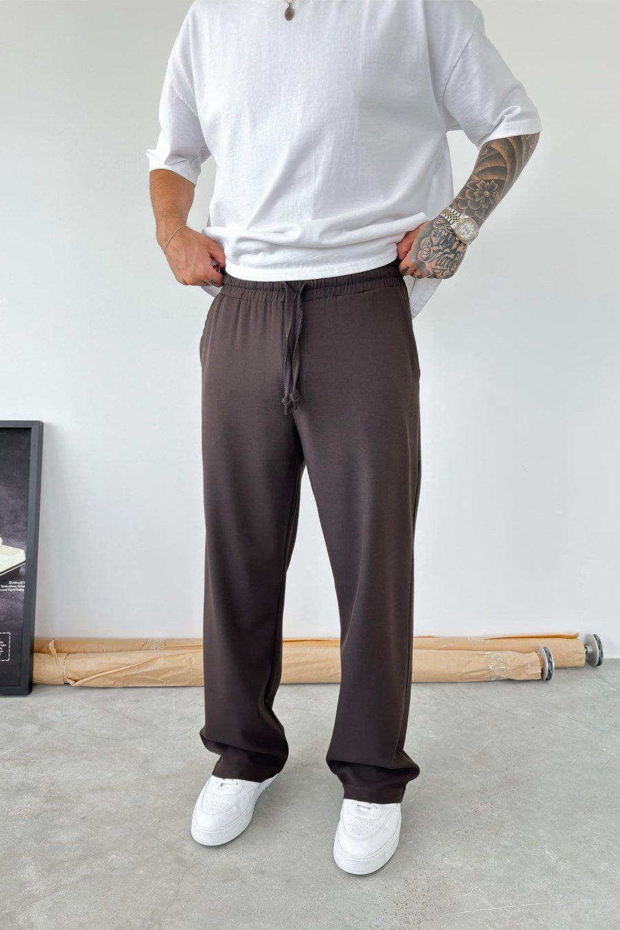 Kahverengi Basic Beli Lastikli Baggy Kumaş Pantolon