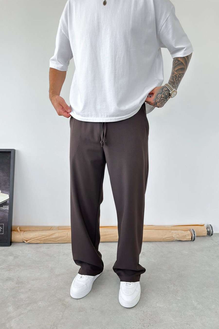 Kahverengi Basic Beli Lastikli Baggy Kumaş Pantolon