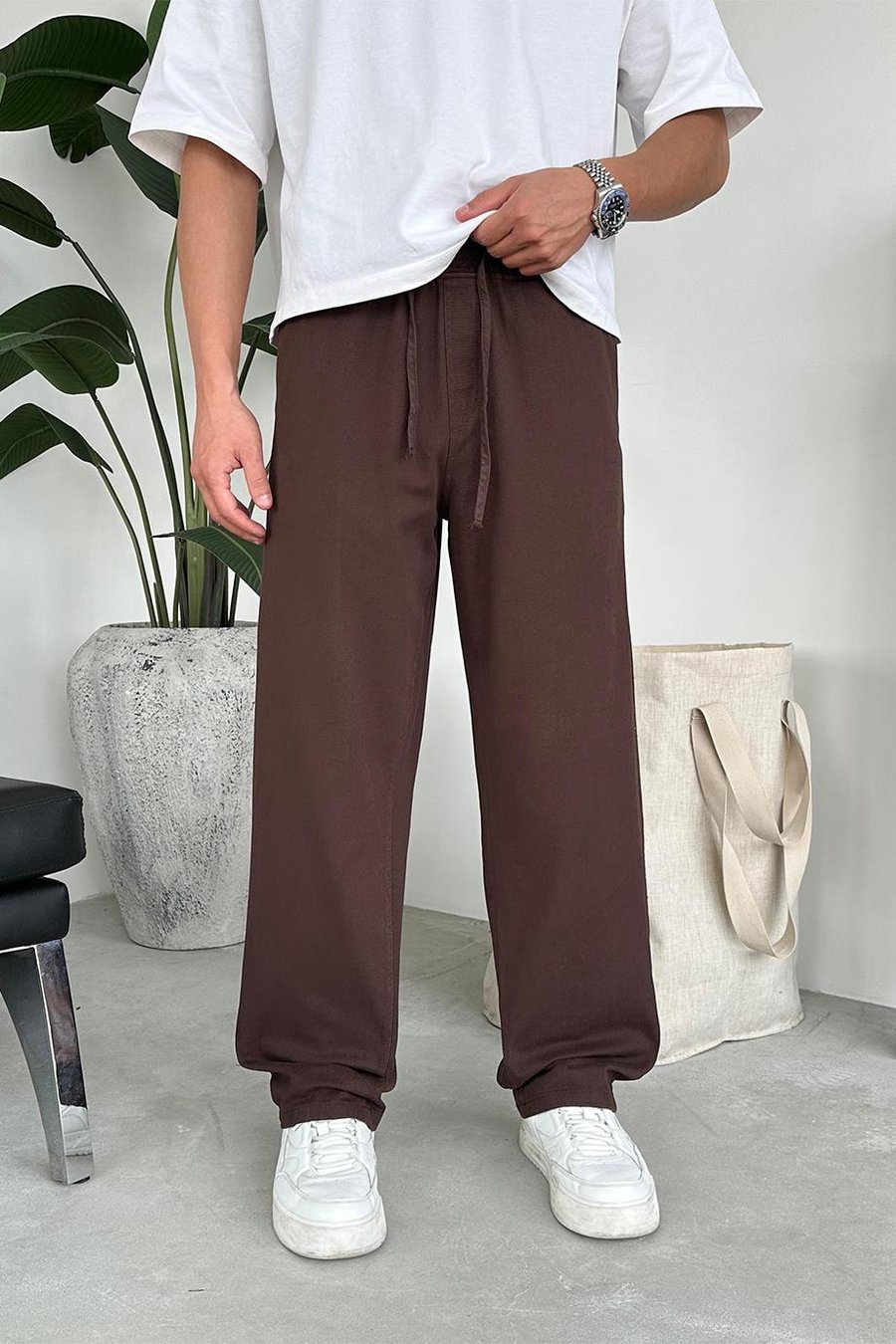 Kahverengi Basic Gabardin Beli Lastikli Pantolon