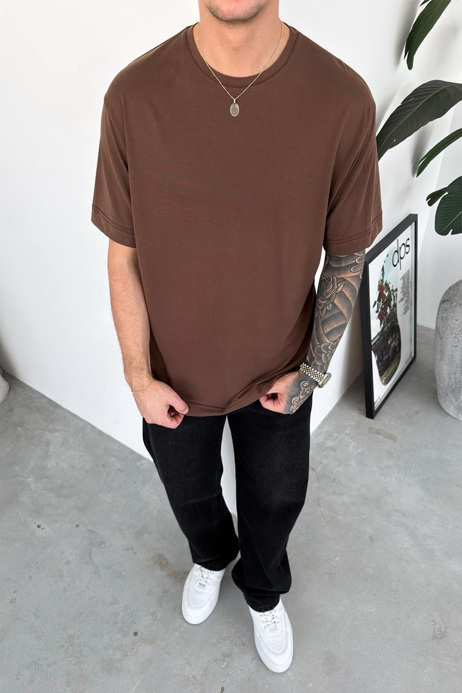 Kahverengi Basic Soft Likralı Relax Fit Tişört