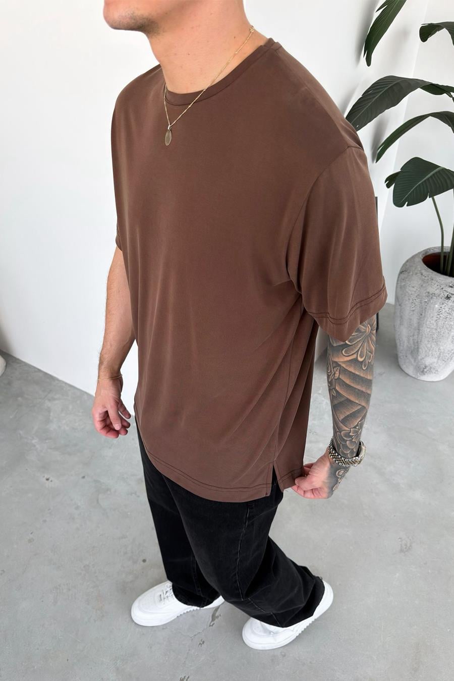 Kahverengi Basic Soft Likralı Relax Fit Tişört