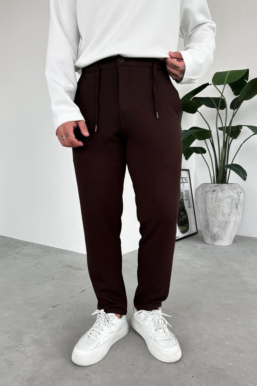 Kahverengi Beli İp Detaylı Gabardin Regular Pantolon
