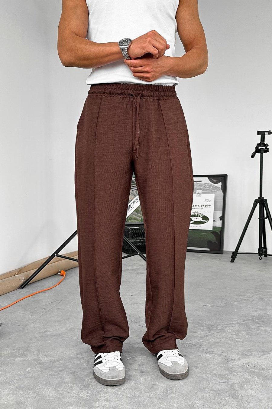 Kahverengi Beli İpli Çımalı Relaxed Pantolon