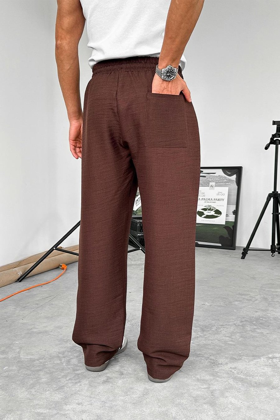 Kahverengi Beli İpli Çımalı Relaxed Pantolon