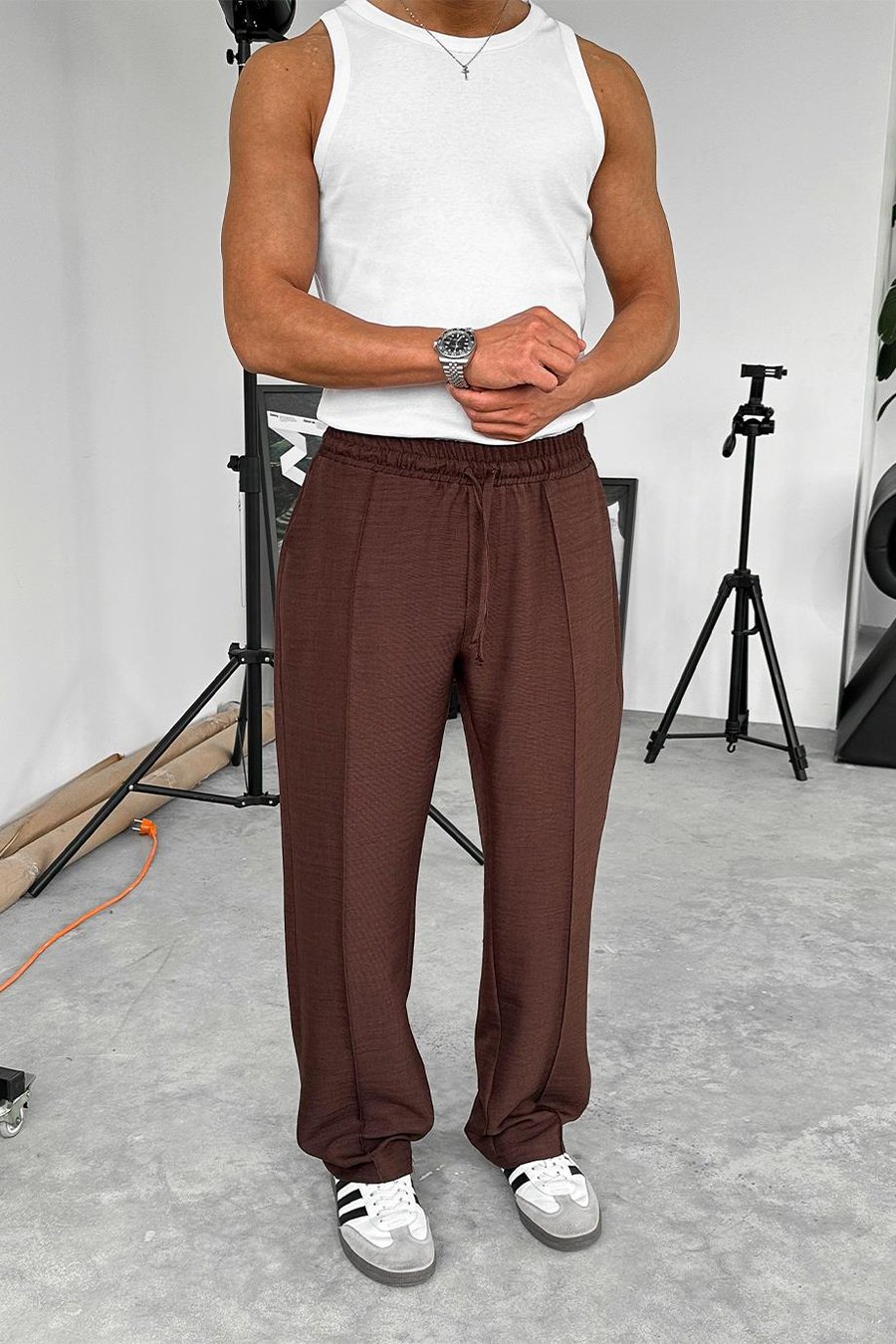 Kahverengi Beli İpli Çımalı Relaxed Pantolon
