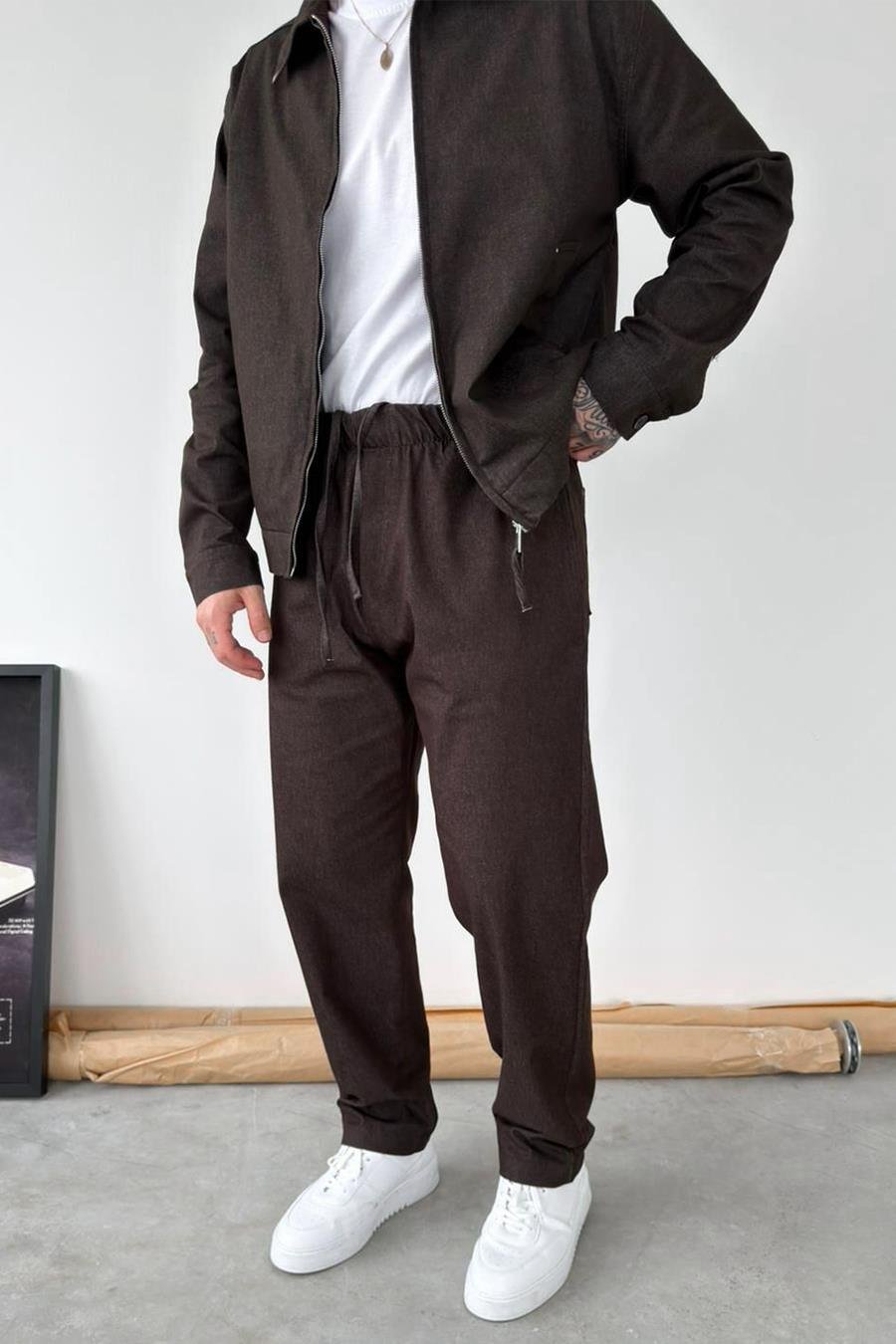 Kahverengi Beli Lastikli Dokulu Baggy Pantolon