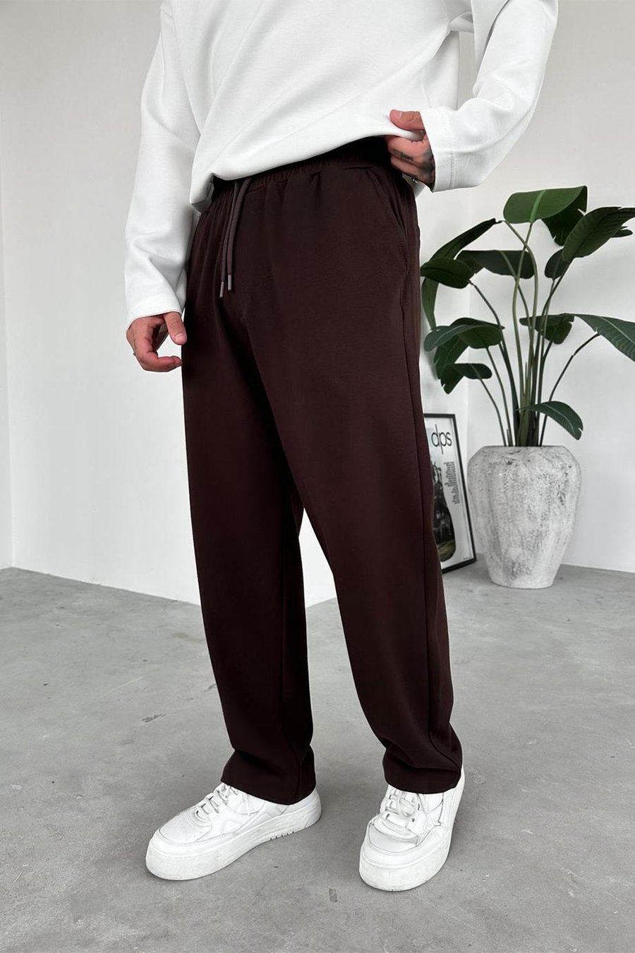 Kahverengi Beli Lastikli Gabardin Baggy Pantolon