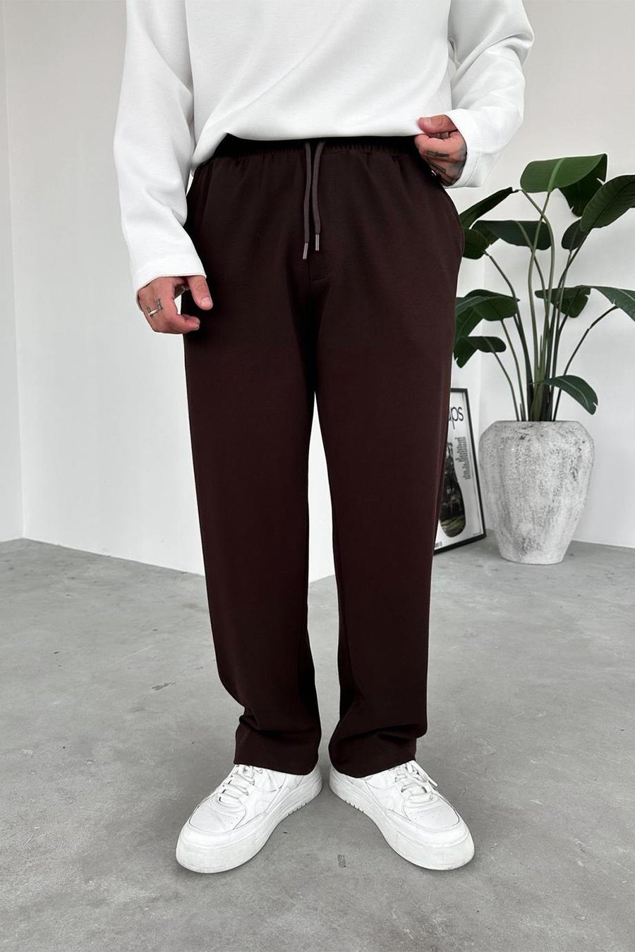 Kahverengi Beli Lastikli Gabardin Baggy Pantolon