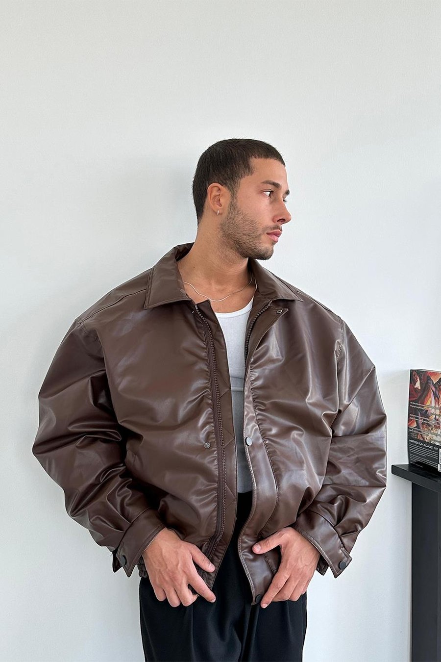 Kahverengi Bomber Oversize Deri Ceket