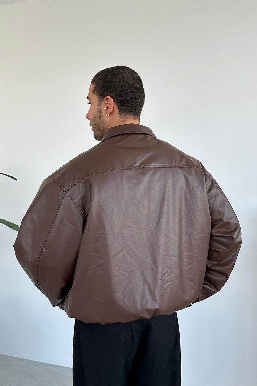 Kahverengi Bomber Oversize Deri Ceket