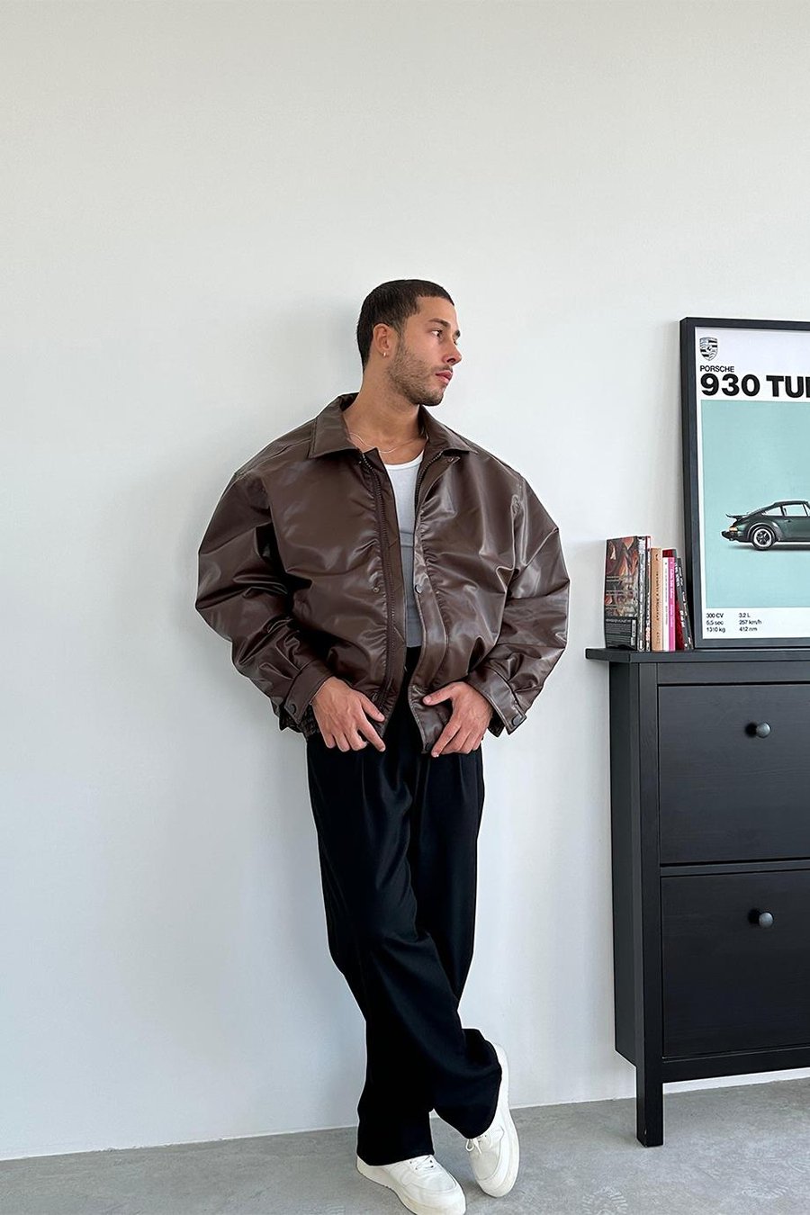 Kahverengi Bomber Oversize Deri Ceket