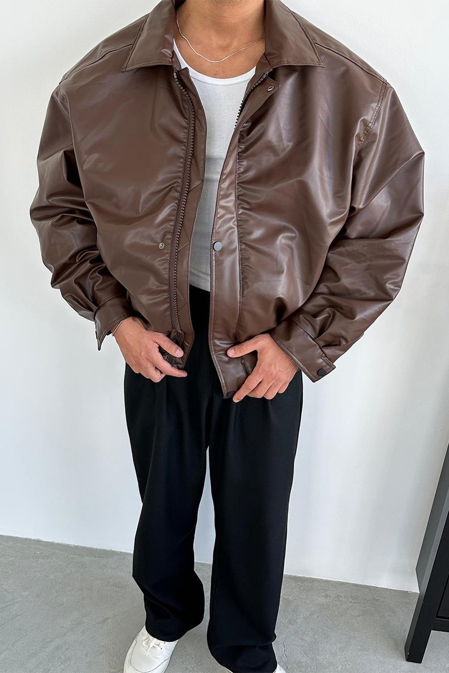 Kahverengi Bomber Oversize Deri Ceket