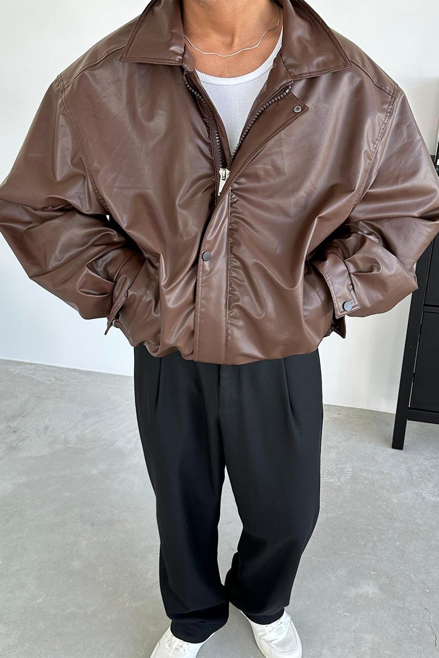 Kahverengi Bomber Oversize Deri Ceket