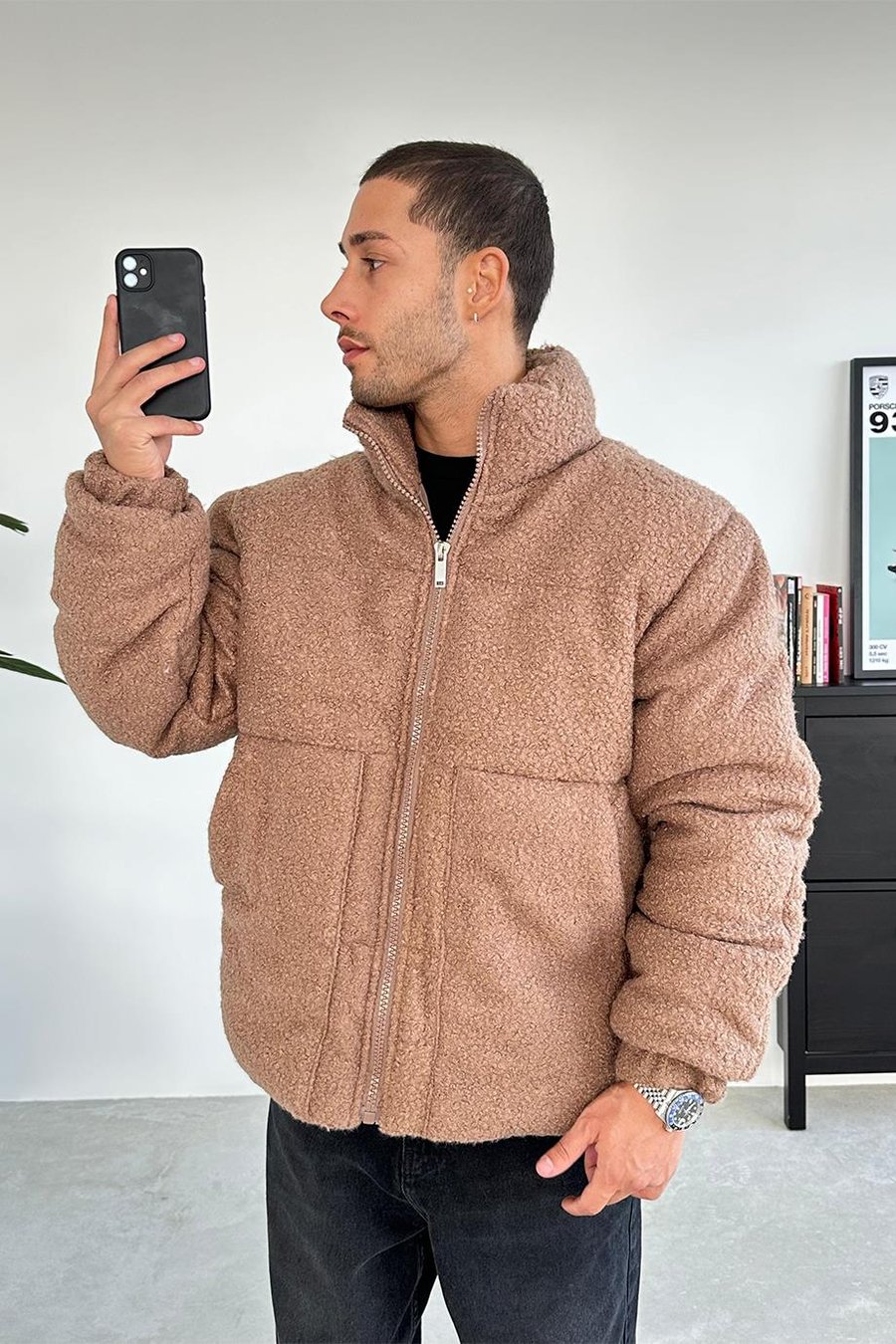 Kahverengi Büyük Cepli Teddy Şişme Mont