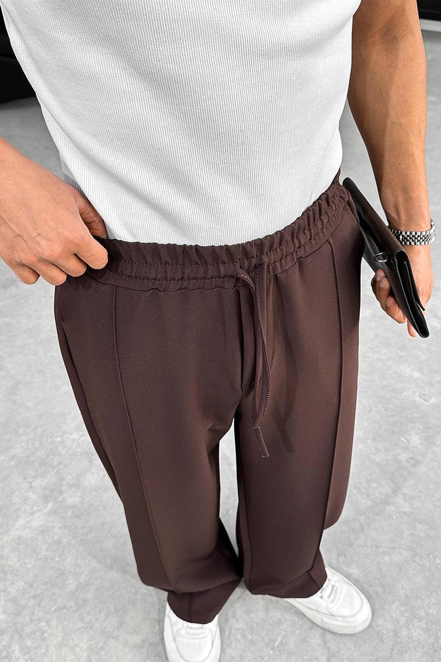 Kahverengi Çimalı Beli Lastikli Baggy Kumaş Pantolon