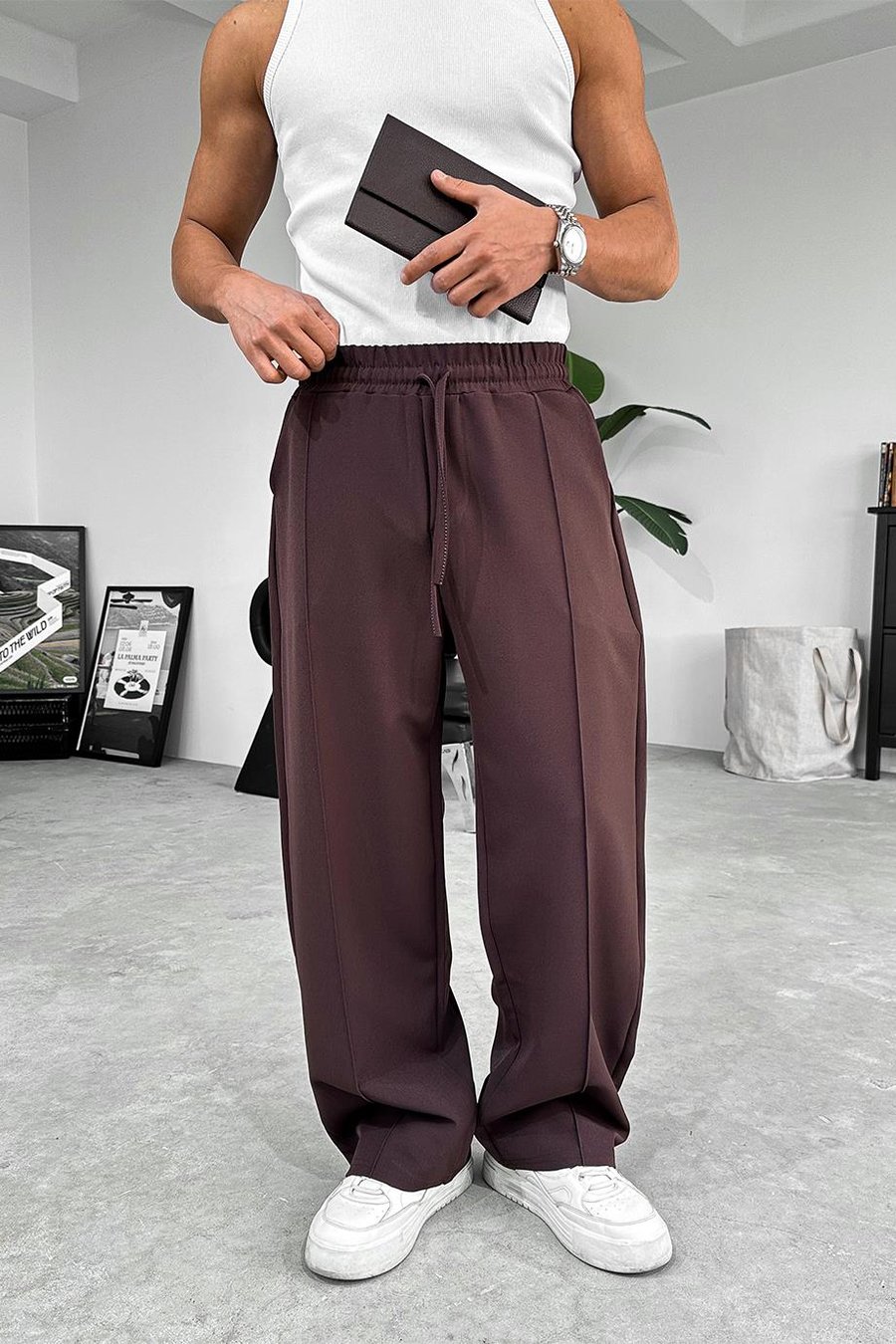 Kahverengi Çimalı Beli Lastikli Baggy Kumaş Pantolon