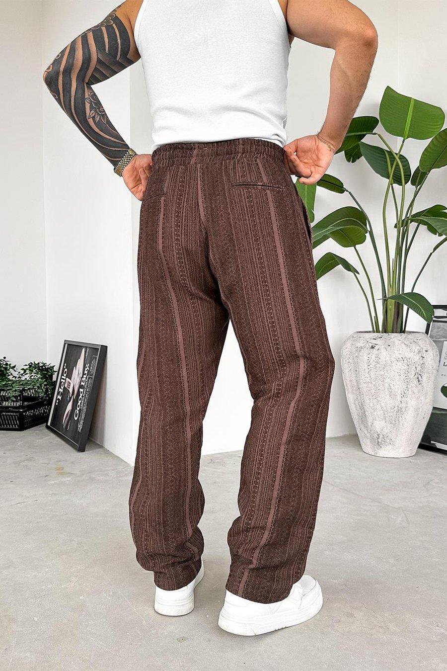 Kahverengi Etnik Desen Premium Beli Ayarlanabilir Baggy Pantolon