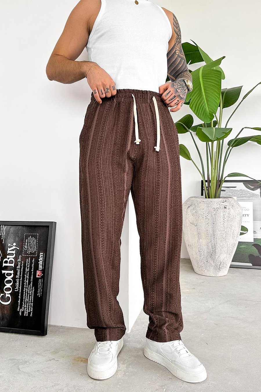 Kahverengi Etnik Desen Premium Beli Ayarlanabilir Baggy Pantolon