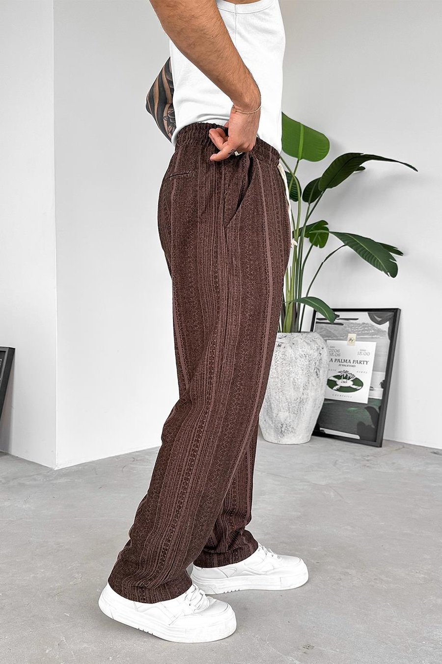 Kahverengi Etnik Desen Premium Beli Ayarlanabilir Baggy Pantolon