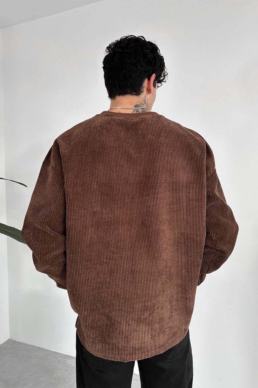 Kahverengi Fitilli Kadife Basic Sweat