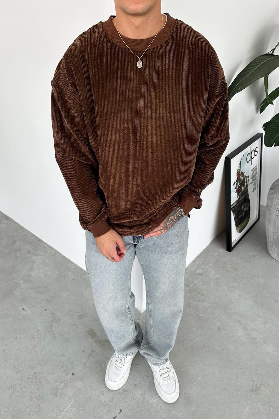 Kahverengi Fitilli Kadife Basic Sweat