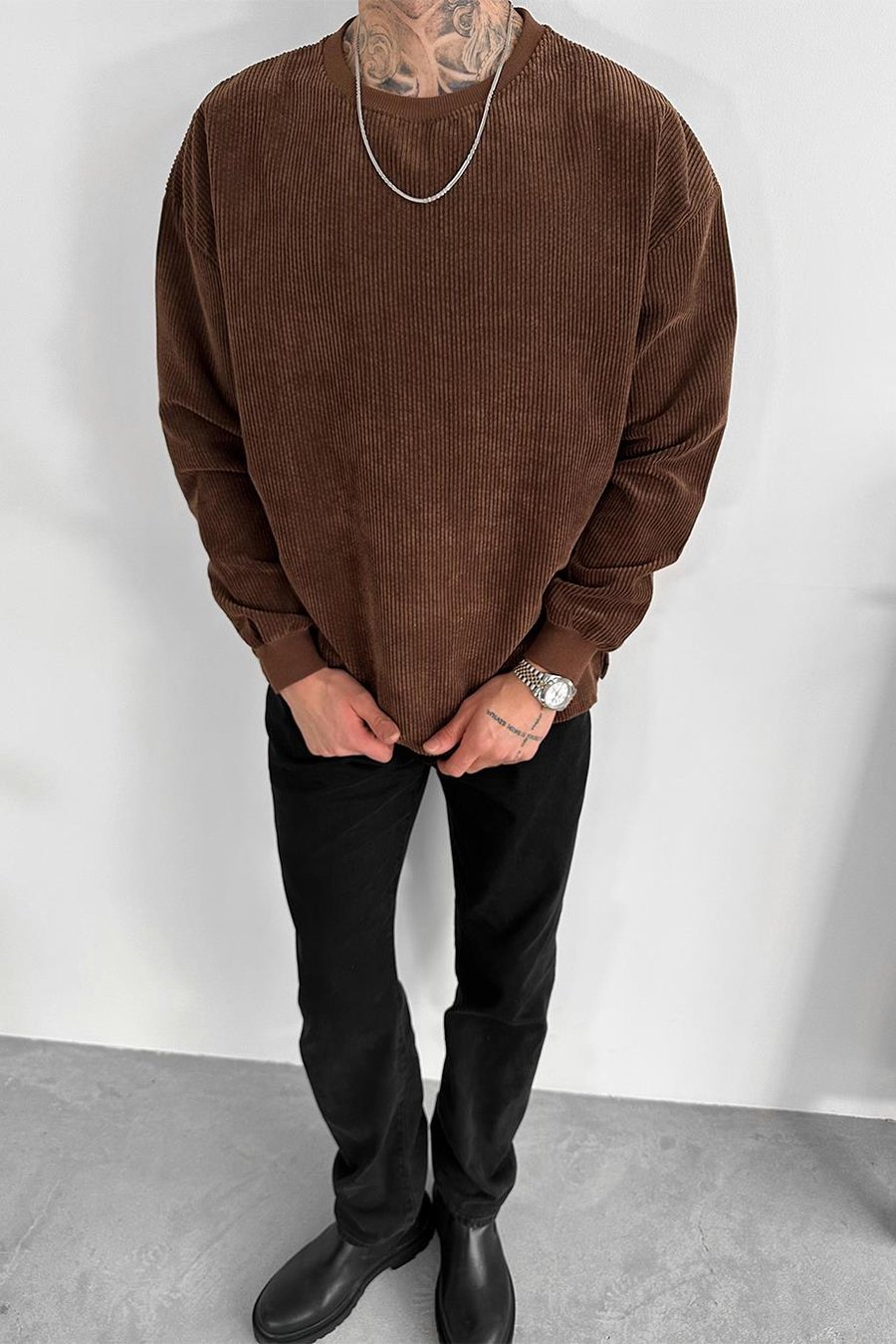 Kahverengi Fitilli Kadife Basic Sweat
