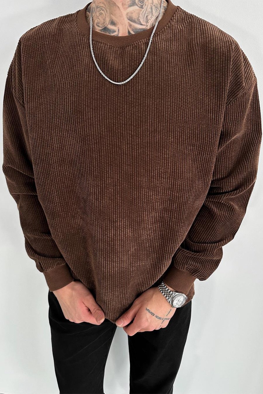 Kahverengi Fitilli Kadife Basic Sweat