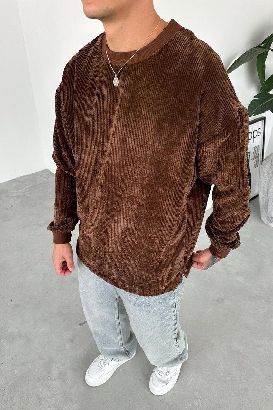 Kahverengi Fitilli Kadife Basic Sweat