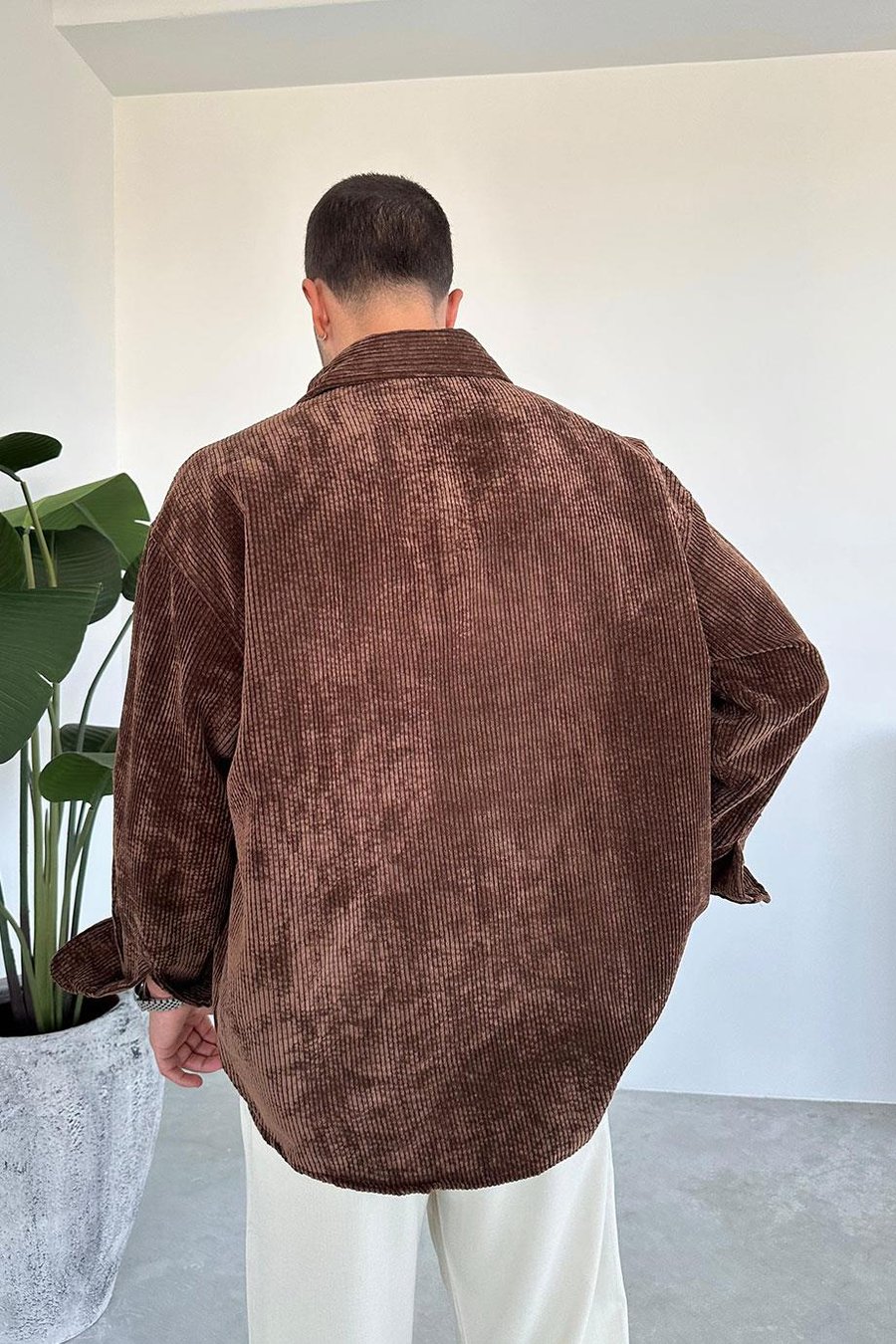 Kahverengi Fitilli Kadife Oversize Gömlek